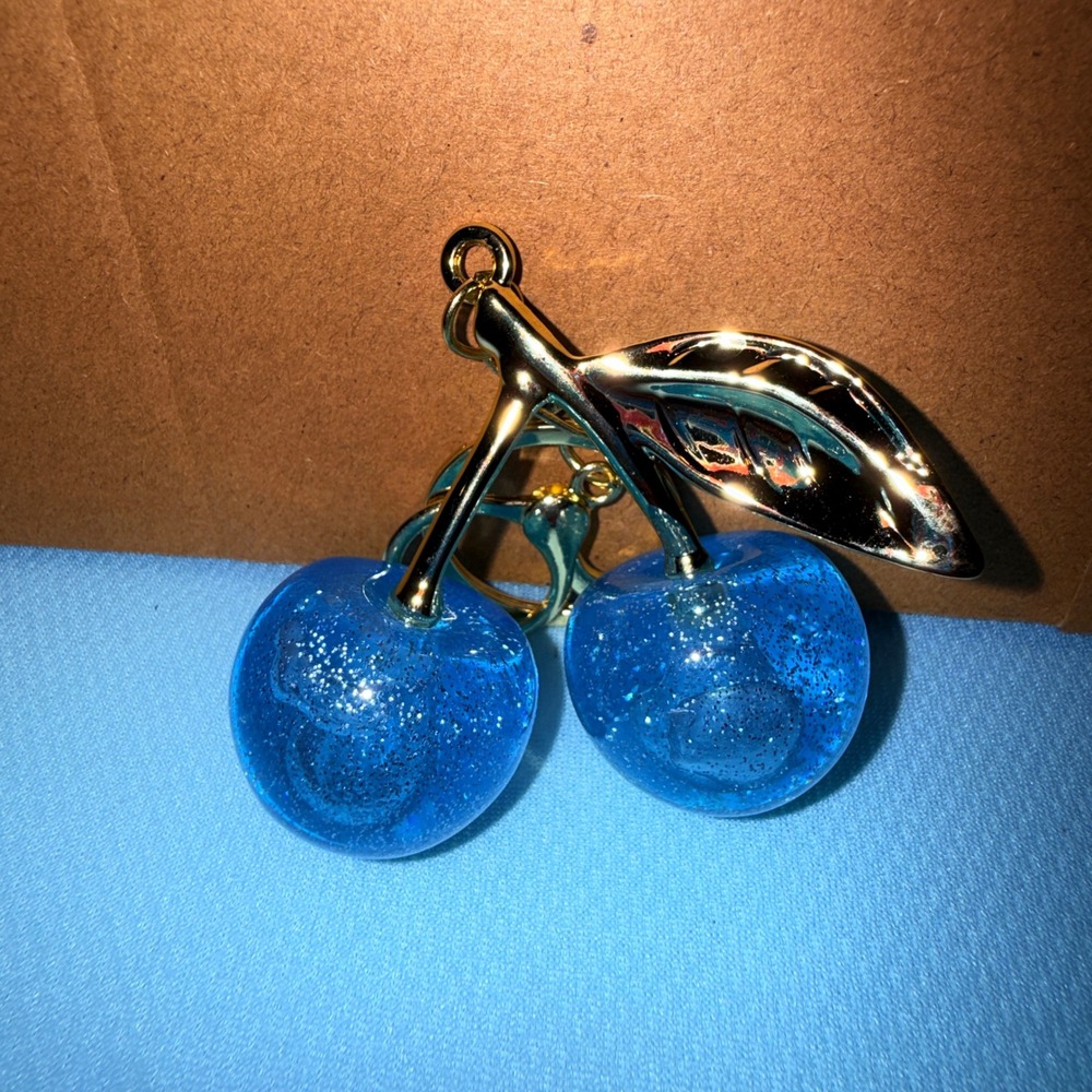 Cherry Bag Charm Blue Glitter Gold Tone Fruit Keychain
